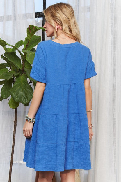 Hazel Blues® |  ADORA Tiered Notched Short Sleeve Dress