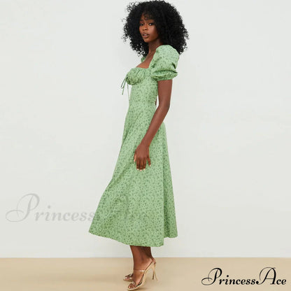Daisy Printed Puff Sleeve High Slit Sophisticated Smock Maxi Sundress - Dark Yellow