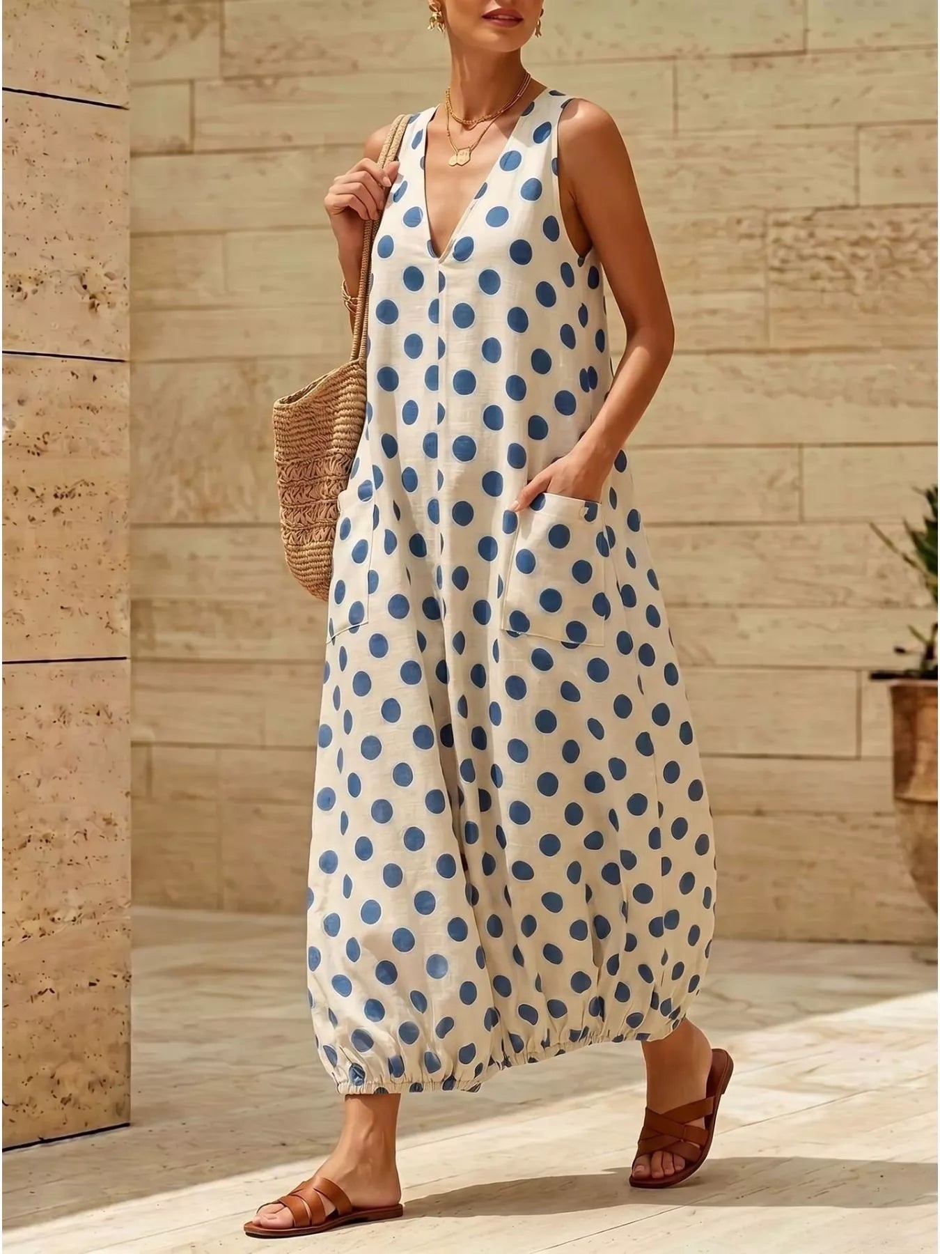 Hazel Blues® |  Polka Dot V-Neck Sleeveless Maxi Dress