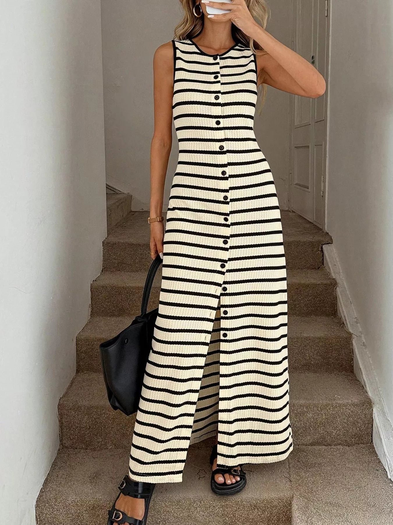 Hazel Blues® |  Striped Button-Front Sleeveless Slit Maxi Dress