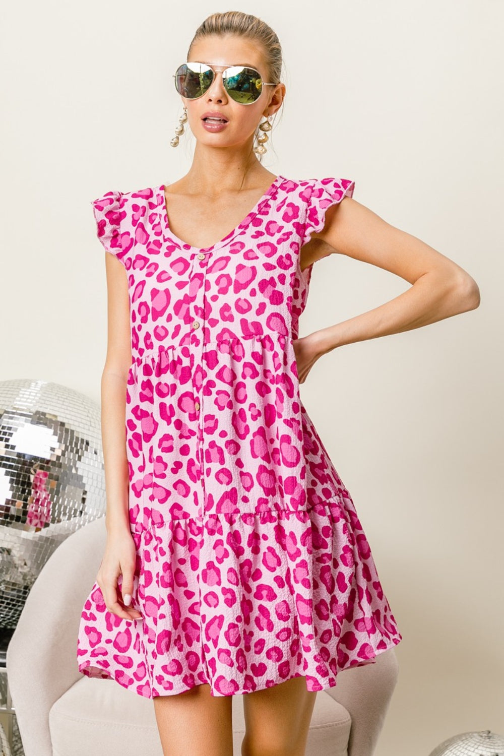 Hazel Blues® |  BiBi Leopard Cap Sleeve Tiered Mini Dress