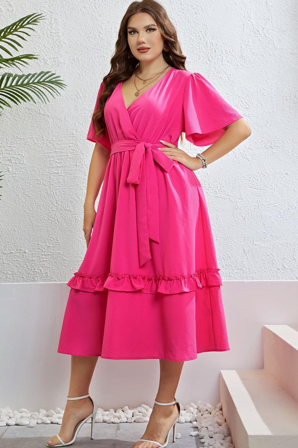 Hazel Blues® |  Belted Frill Trim Flutter Sleeve Dress