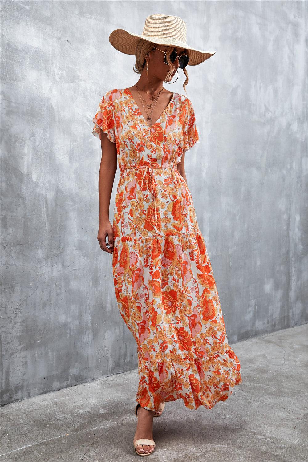 Hazel Blues® | Floral Buttoned Drawstring Waist Tiered Dress