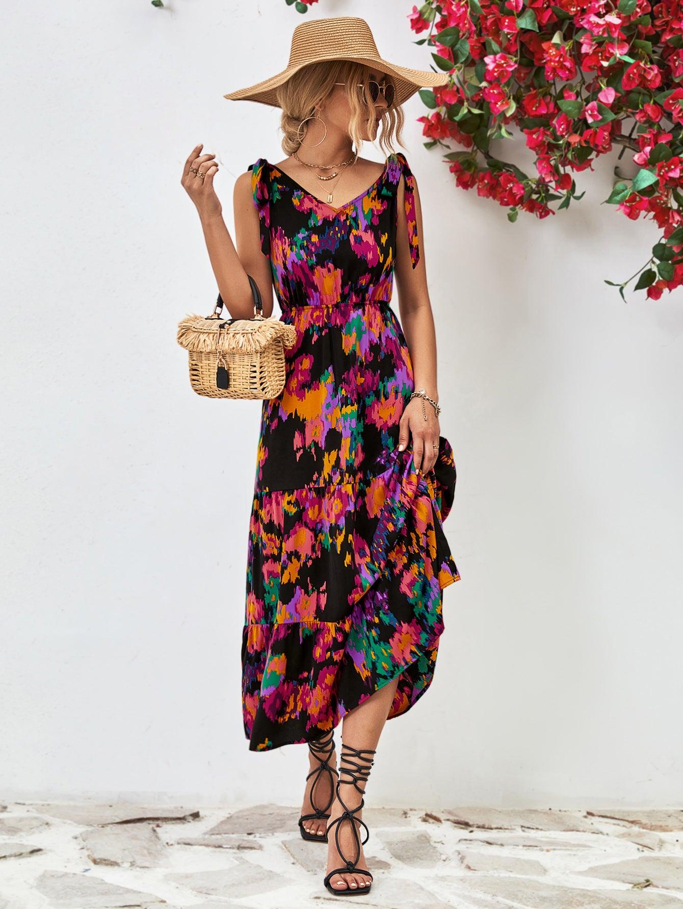 Hazel Blues® |  Multicolored V-Neck Backless Midi Dress