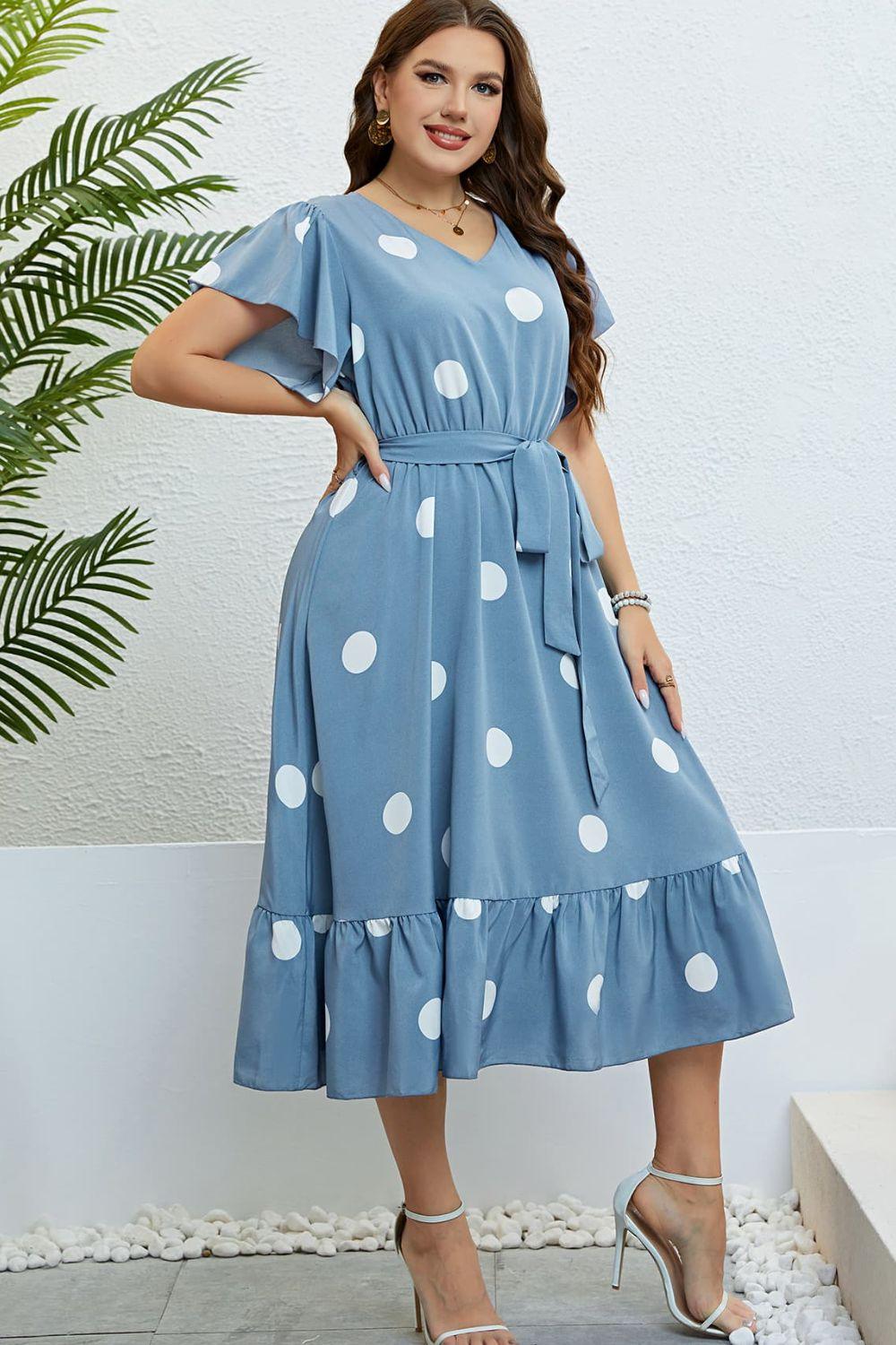 Hazel Blues® |  Polka Dot Belted Flutter Sleeve Ruffle Hem Dress