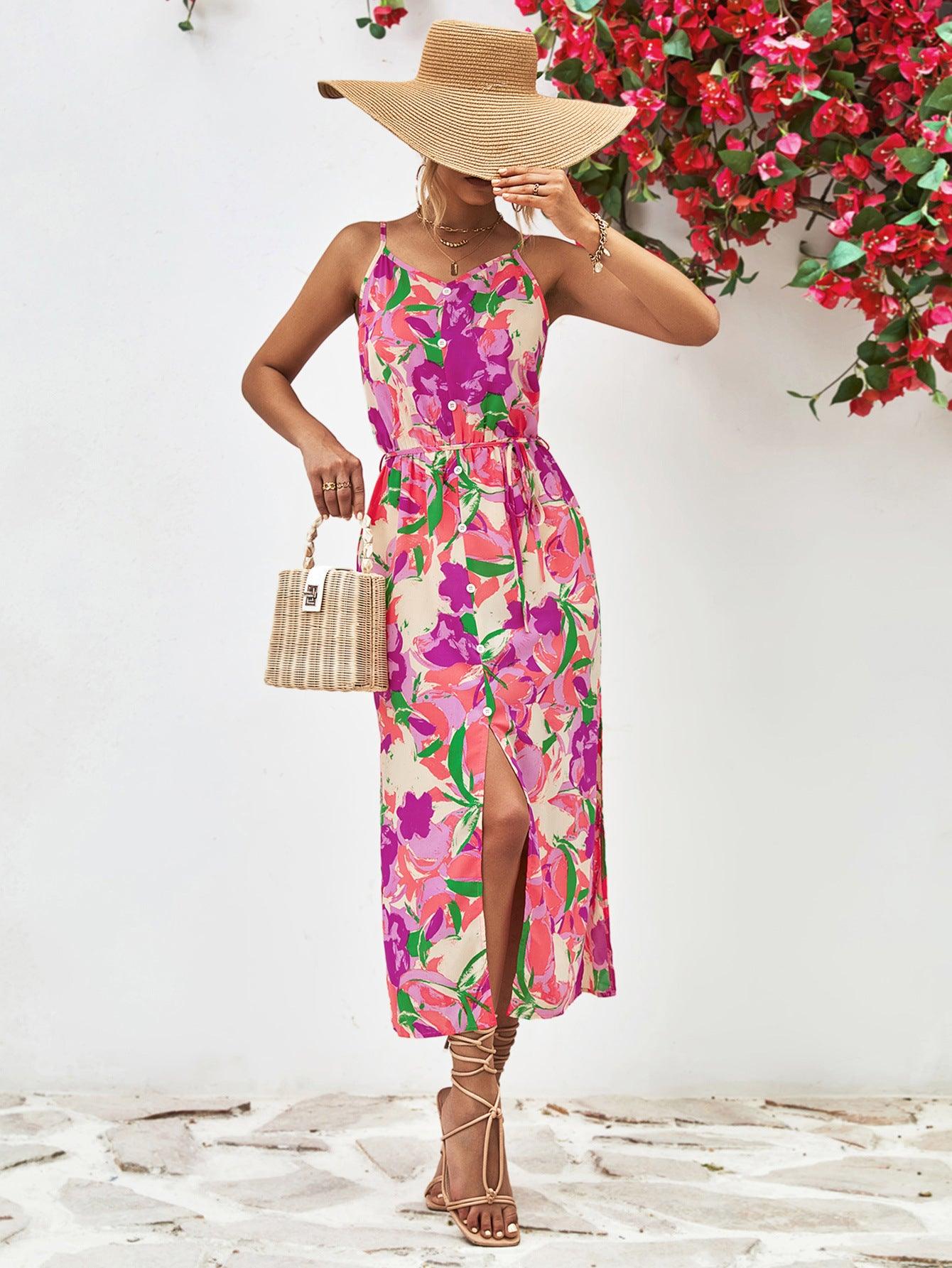 Hazel Blues® |  Printed Spaghetti Strap Front Slit Dress