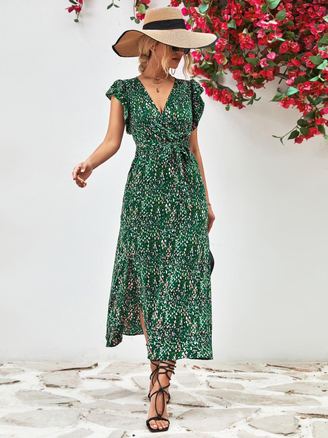 Hazel Blues® |  Printed Surplice Neck Flutter Sleeve Slit Dress