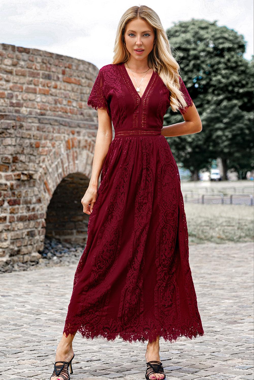 Hazel Blues® |  Scalloped Trim Lace Plunge Dress