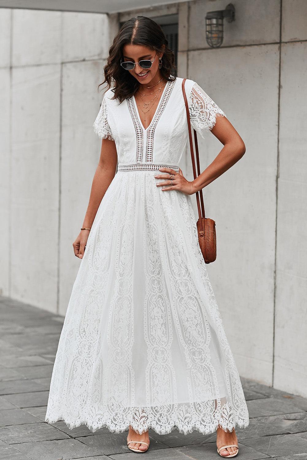 Hazel Blues® |  Scalloped Trim Lace Plunge Dress