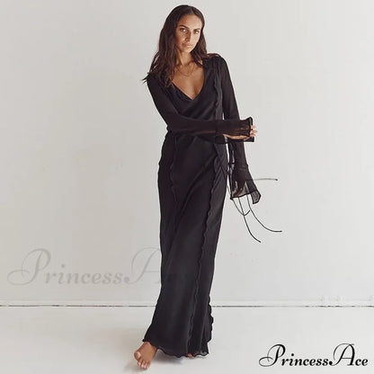 Mesh Transparent Flare Sleeve Cover-Ups Maxi Dress