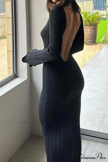 Ribbed Knit Dress with Long Flare Sleeves and Backless Design