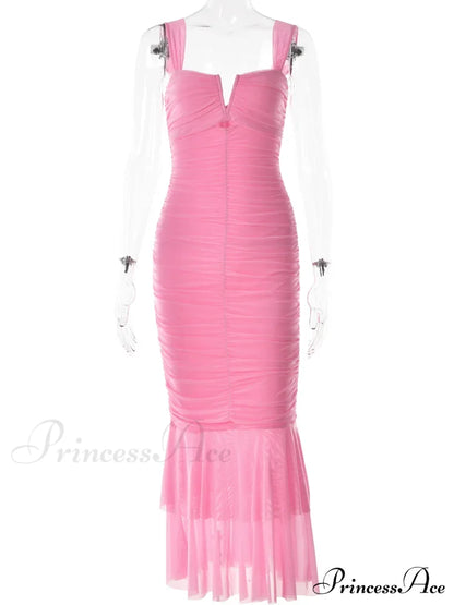 Sexy Sleeveless Strap Evening for Women Low Cut Ruched Bodycon Elegant Mermaid Party Vestidos