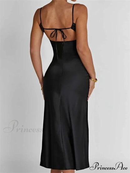 Sexy Women Ruched Lace Low Cut Sleeveless Spaghetti Strap High Split Evening Front Tie-up Vestidos