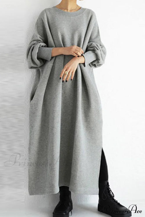 Slit Sweatshirt Dress with Crew Neck
