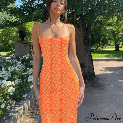 Summer Floral Print Sleeveless Y2K Boho Beach Party Club Casual Midi Dress