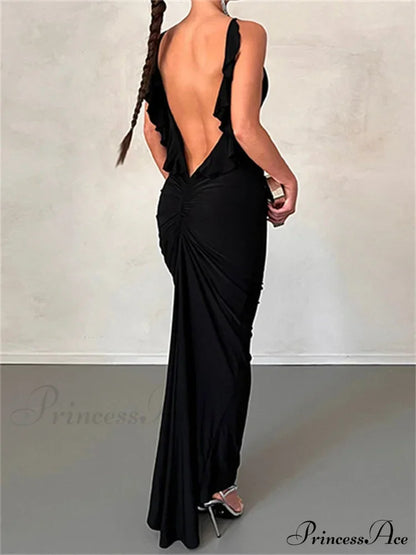 Women Sexy Spaghetti Strap Backless Bodycon V-neck Ruffles Ruched Party Evening Clubwear Vestidos