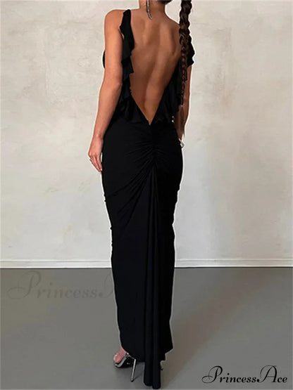 Women Sexy Spaghetti Strap Backless Bodycon V-neck Ruffles Ruched Party Evening Clubwear Vestidos